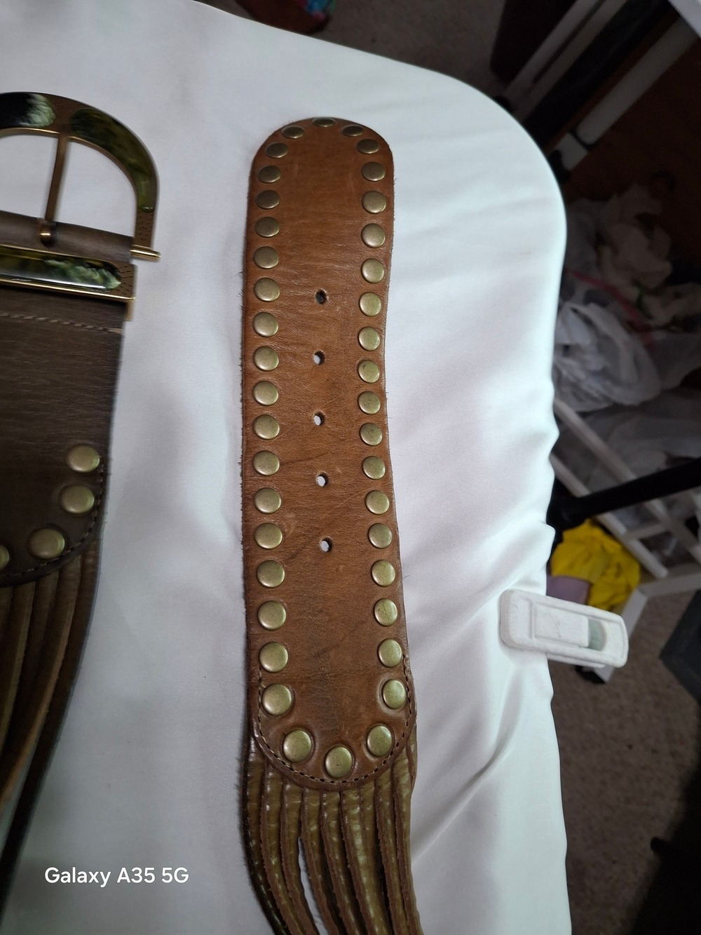 Linea Pelle Brown Leather Belt with Brass-Tone Green Accent Buckle - Picture 10 of 11